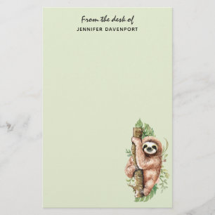 Cute Watercolor Sloth och Tropical Löv Brevpapper