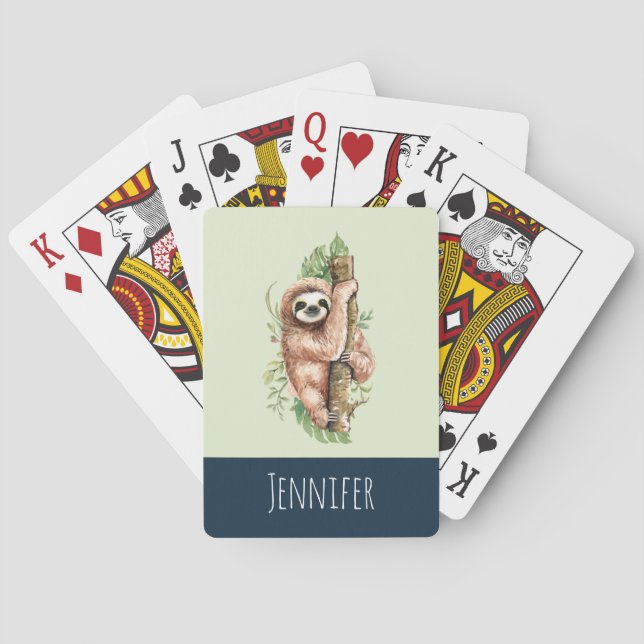 Cute Watercolor Sloth och Tropical Löv Casinokort (Baksidan)