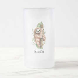 Cute Watercolor Sloth och Tropical Löv Frostat Ölglas