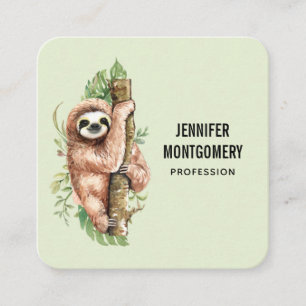 Cute Watercolor Sloth och Tropical Löv Fyrkantigt Visitkort