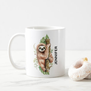 Cute Watercolor Sloth och Tropical Löv Kaffemugg