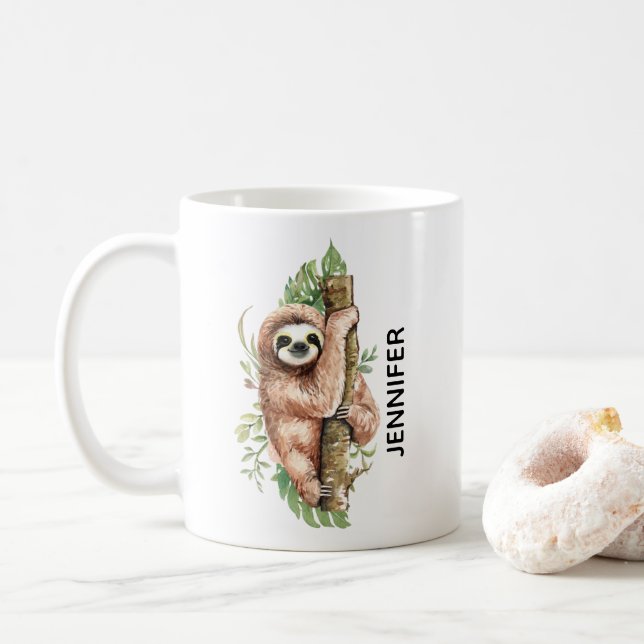 Cute Watercolor Sloth och Tropical Löv Kaffemugg (Med munk)