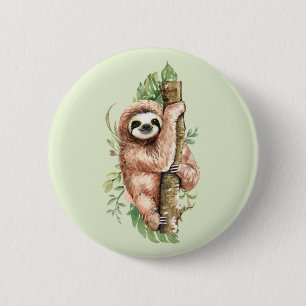 Cute Watercolor Sloth och Tropical Löv Knapp