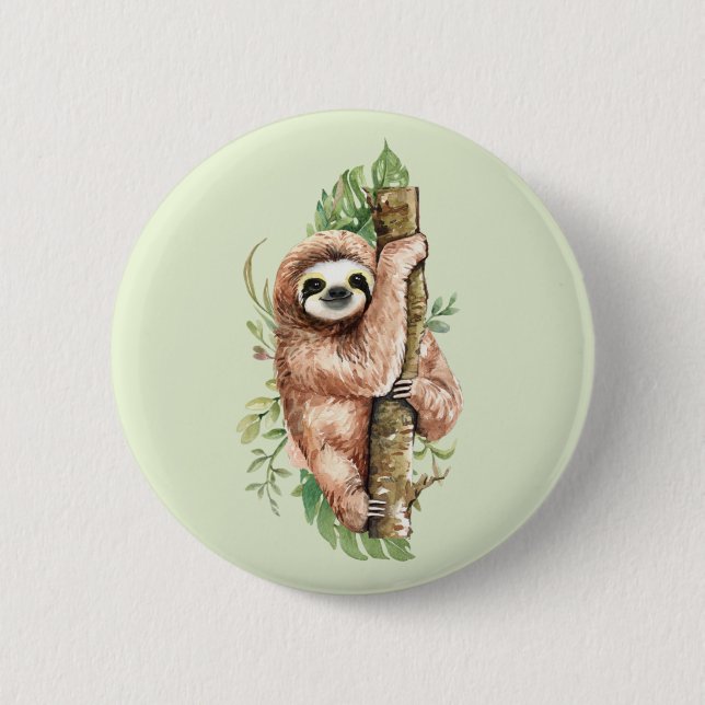 Cute Watercolor Sloth och Tropical Löv Knapp (Framsida)