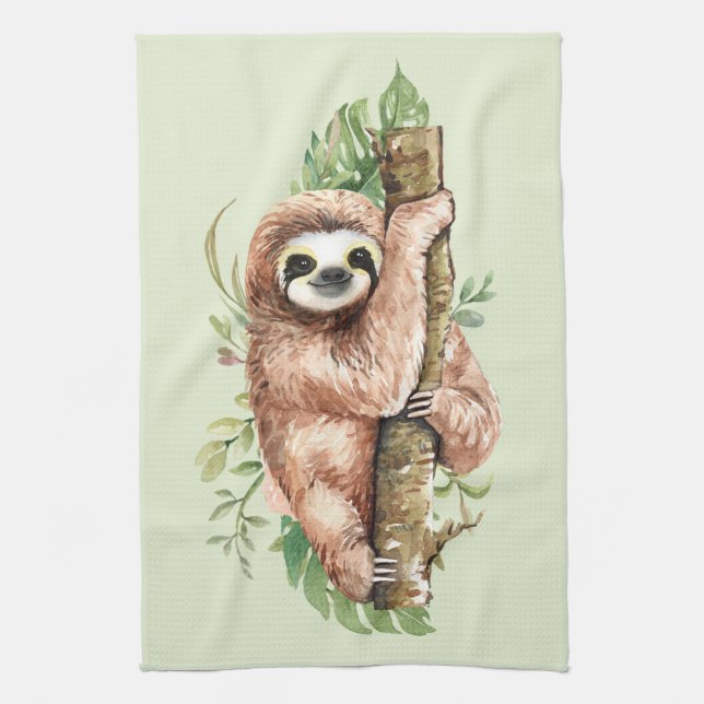 Cute Watercolor Sloth och Tropical Löv Kökshandduk (Vertikal)
