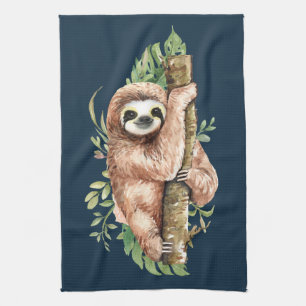 Cute Watercolor Sloth och Tropical Löv Kökshandduk