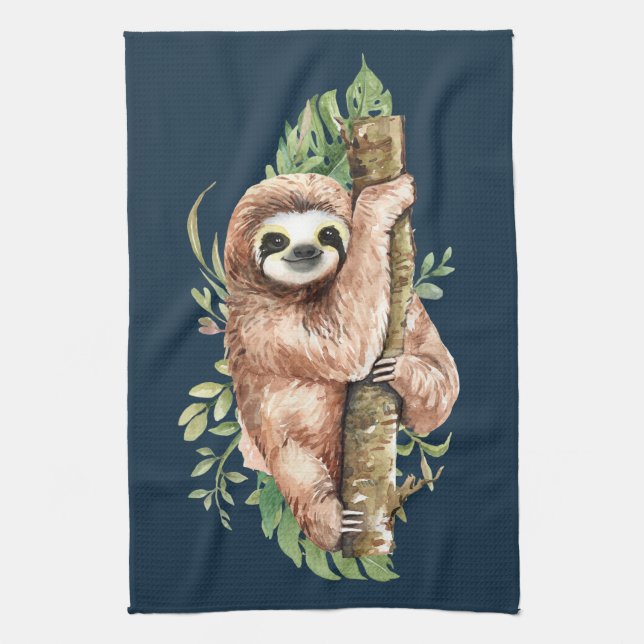Cute Watercolor Sloth och Tropical Löv Kökshandduk (Vertikal)