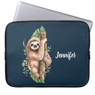 Cute Watercolor Sloth och Tropical Löv Laptop Fodral