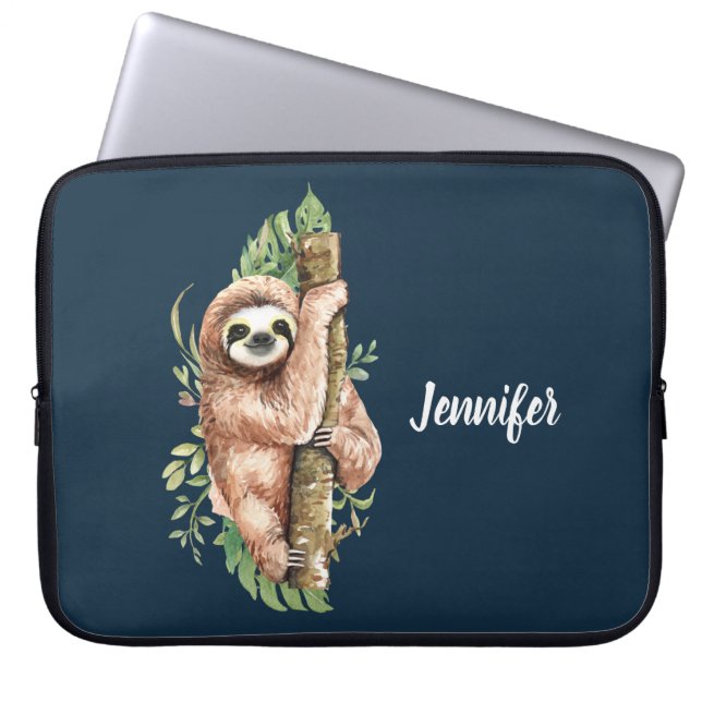 Cute Watercolor Sloth och Tropical Löv Laptop Fodral (Framsidan)