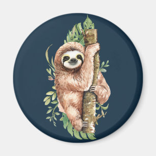 Cute Watercolor Sloth och Tropical Löv Magnet