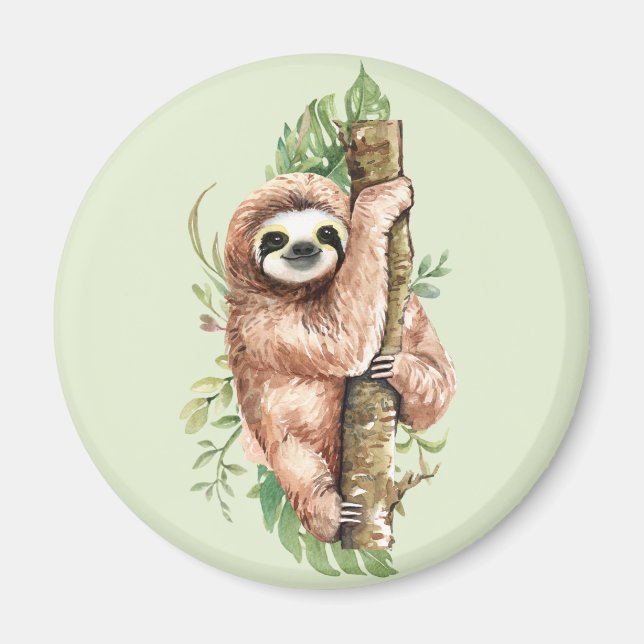 Cute Watercolor Sloth och Tropical Löv Magnet (Framsidan)
