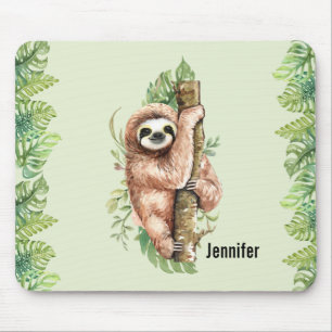 Cute Watercolor Sloth och Tropical Löv Musmatta