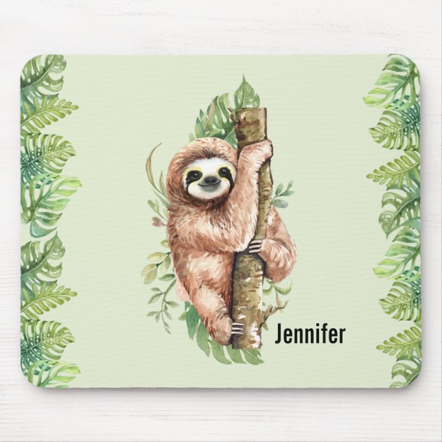 Cute Watercolor Sloth och Tropical Löv Musmatta (Framsidan)
