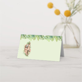 Cute Watercolor Sloth och Tropical Löv Placeringskort