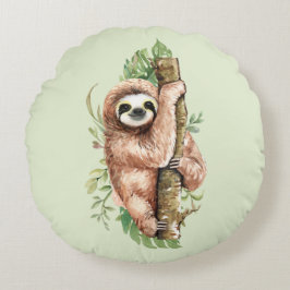 Cute Watercolor Sloth och Tropical Löv Rund Kudde