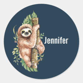 Cute Watercolor Sloth och Tropical Löv Runt Klistermärke