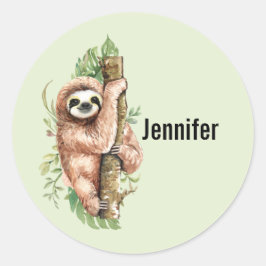 Cute Watercolor Sloth och Tropical Löv Runt Klistermärke