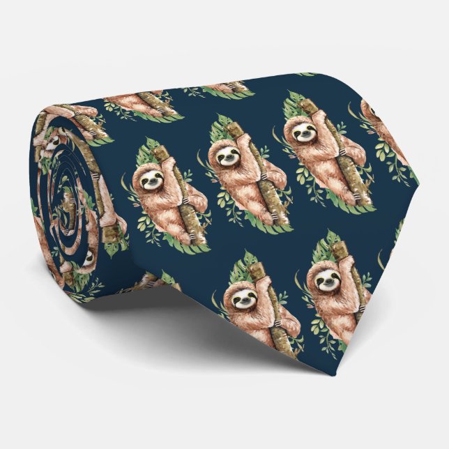 Cute Watercolor Sloth och Tropical Löv Slips (Rullad)