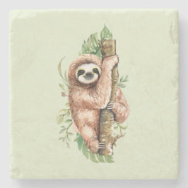 Cute Watercolor Sloth och Tropical Löv Stenunderlägg