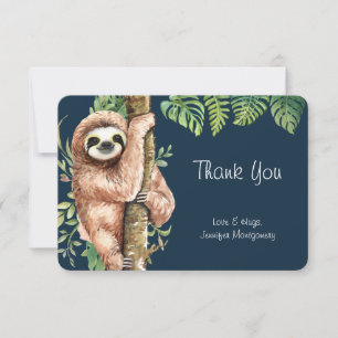 Cute Watercolor Sloth och Tropical Löv Tack Kort