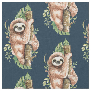 Cute Watercolor Sloth och Tropical Löv Tyg