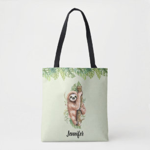Cute Watercolor Sloth och Tropical Löv Tygkasse