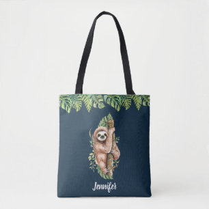 Cute Watercolor Sloth och Tropical Löv Tygkasse