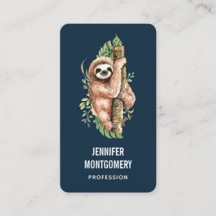 Cute Watercolor Sloth och Tropical Löv Visitkort