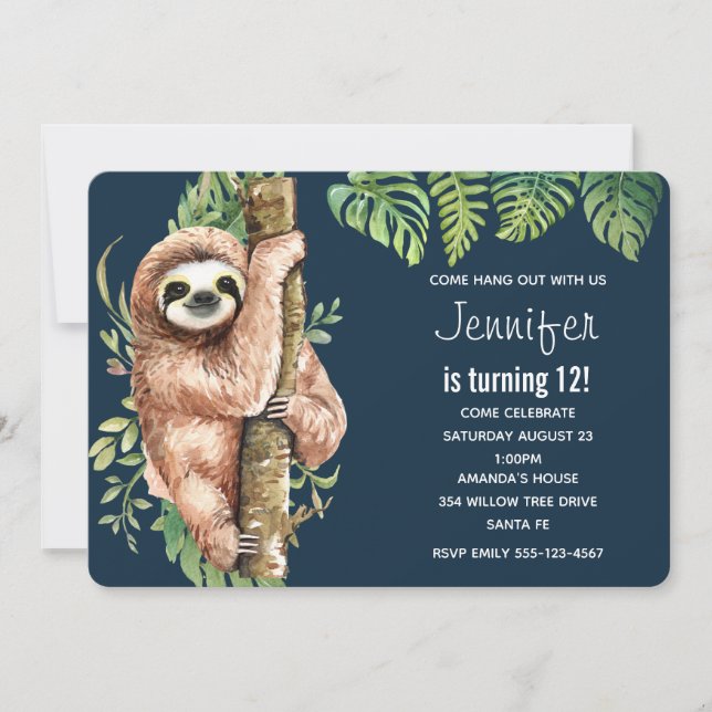 Cute Watercolor Sloth & Tropical Löv Birthday Inbjudningar (Framsida)