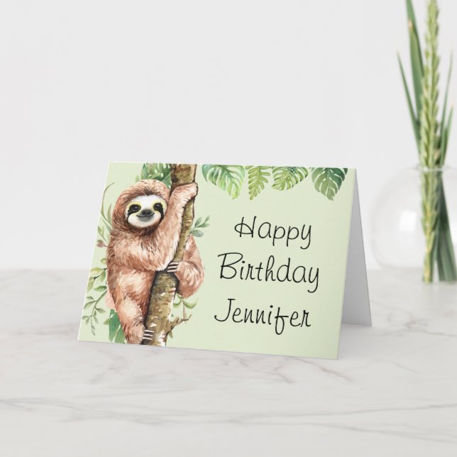 Cute Watercolor Sloth & Tropical Löv Birthday Kort (Framsida)