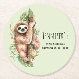 Cute Watercolor Sloth & Tropical Löv Birthday Underlägg Papper Rund