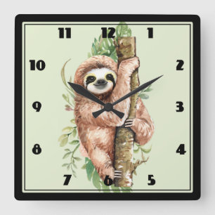 Cute Watercolor Sloth & Tropical Löv Fyrkantig Klocka
