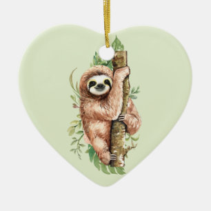 Cute Watercolor Sloth & Tropical Löv Julgransprydnad Keramik