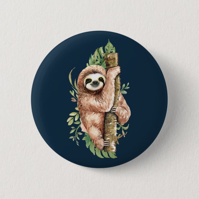 Cute Watercolor Sloth & Tropical Löv Knapp (Framsida)