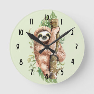 Cute Watercolor Sloth & Tropical Löv Rund Klocka