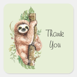 Cute Watercolor Sloth & Tropical Löv Tack Fyrkantigt Klistermärke