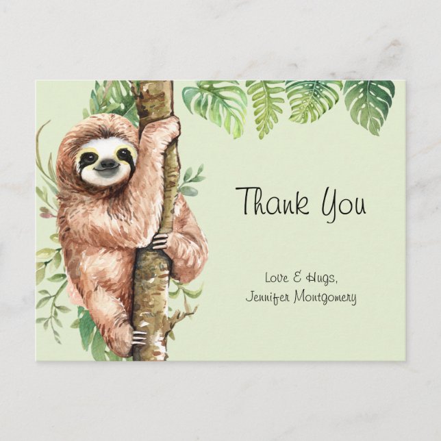 Cute Watercolor Sloth & Tropical Löv Tack Vykort (Framsida)