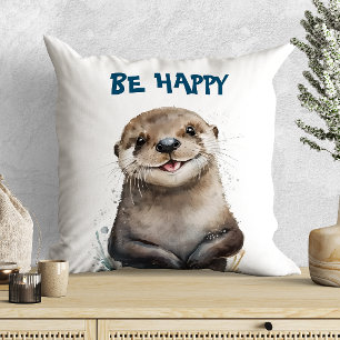 Cute Watercolor Smiling Lycklig Otter Kudde