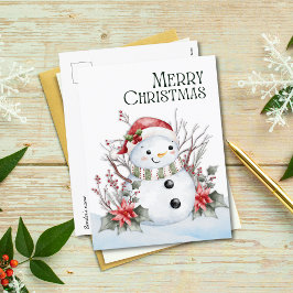 Cute Watercolor Snögubbe med Santa Hat och Blommig Helg Vykort