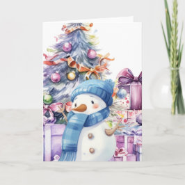 Cute Watercolor Snögubbe w/ Blue Scarf & Julafton  Kort