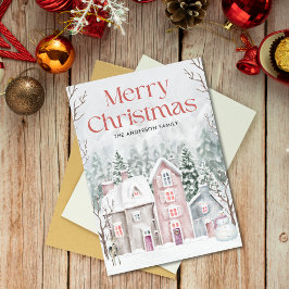 Cute Watercolor Snowy Village God jul Julkort