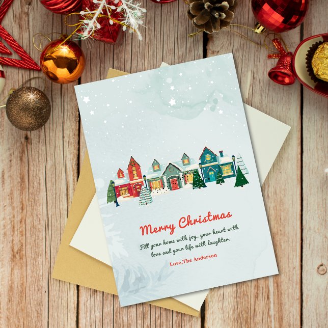 Cute Watercolor Snowy Village Houses jul Julkort (Skapare uppladdad)