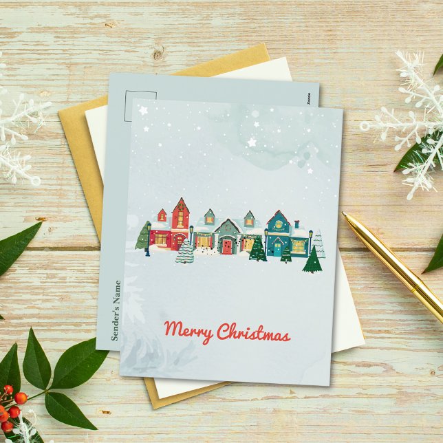 Cute Watercolor Snowy Village jul Helg Vykort (Skapare uppladdad)