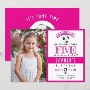 Cute Watercolor Soccer Photo Rosa Birthday Inbjudningar