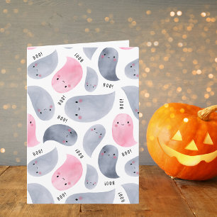 Cute Watercolor Spöken med Boo! Text Halloween Kort