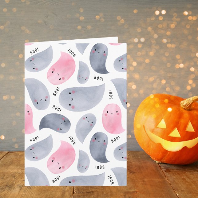 Cute Watercolor Spöken med Boo! Text Halloween Kort (Skapare uppladdad)