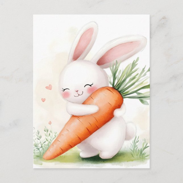 Cute Watercolor Spring Bunny Carrot Meddelande Vykort (Framsida)