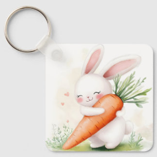 Cute Watercolor Spring Bunny Carrot Nyckelring
