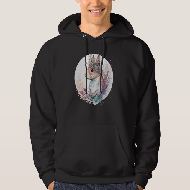 Cute Watercolor Squirrel Flower Crown Animal Hoodie (Framsida)