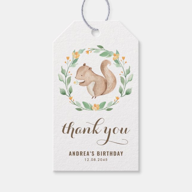 Cute Watercolor Squirrel Greenery Wandeth Birth Presentetikett (Framsidan)